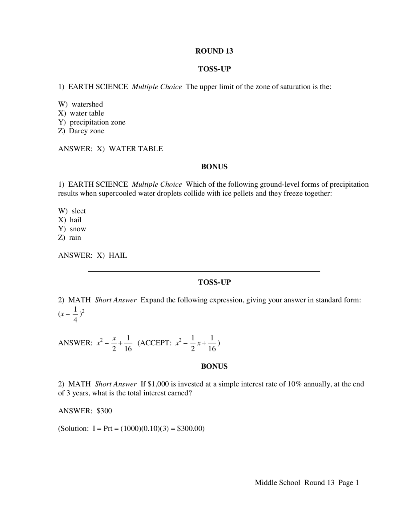 Middle School Round 13 Page 1 ROUND 13 TOSS UP 1 Study Notes Earth Sciences Docsity