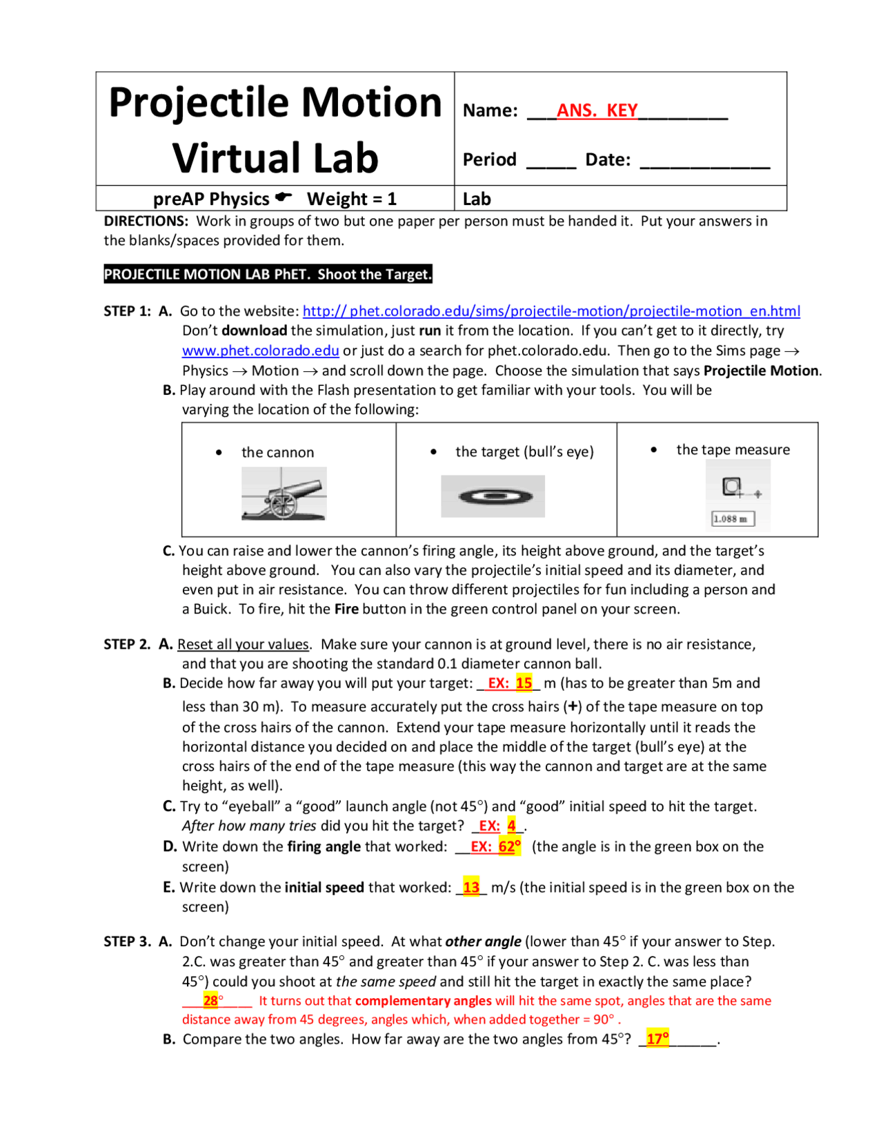 Projectile Motion Virtual Lab | Exams Physics | Docsity