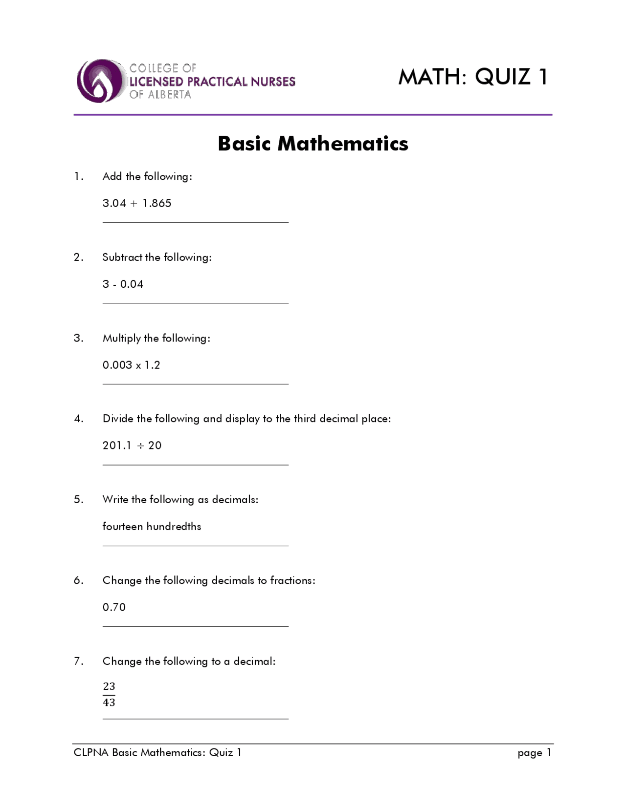MATH: QUIZ 1 | Exercises Mathematics | Docsity