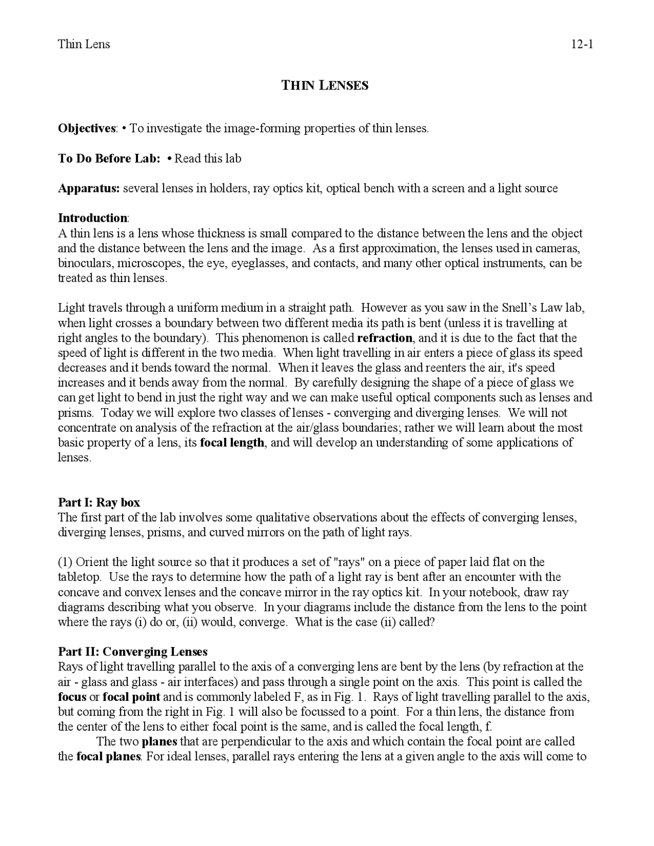 Thin Lens 12-1 THIN LENSES Objectives | Study notes Law | Docsity