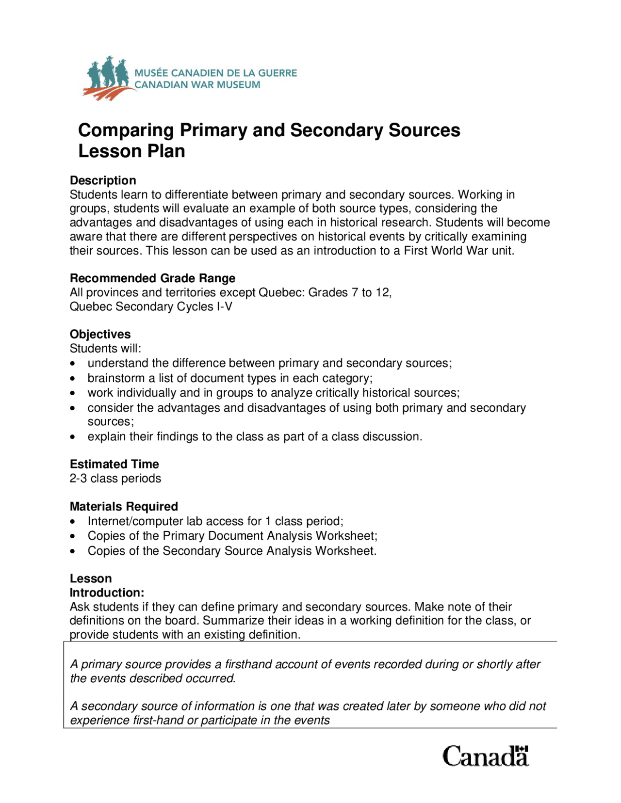 Primary And Secondary Sources Lesson Plan High School