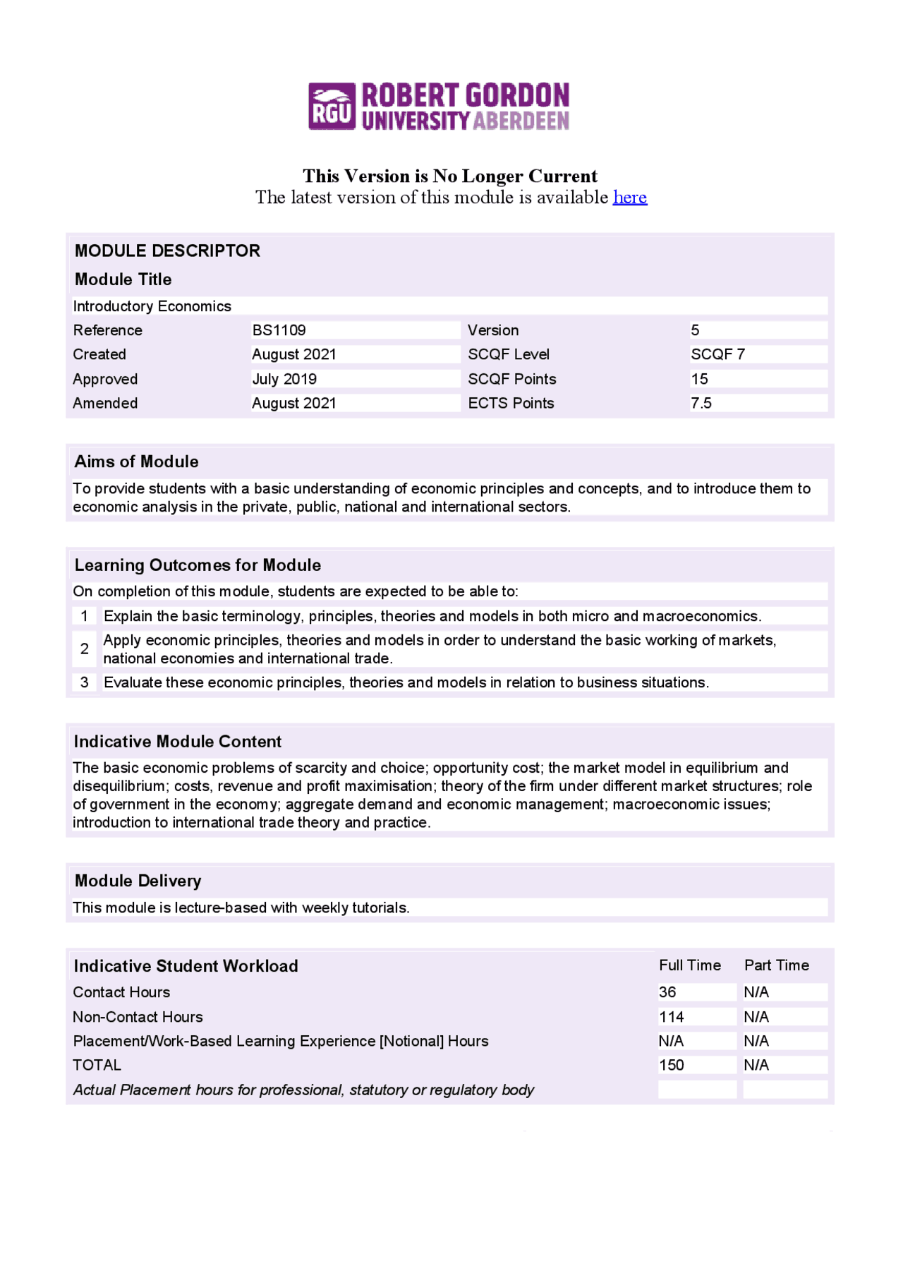 MODULE DESCRIPTOR Module Title | Lecture notes Applied Economics | Docsity