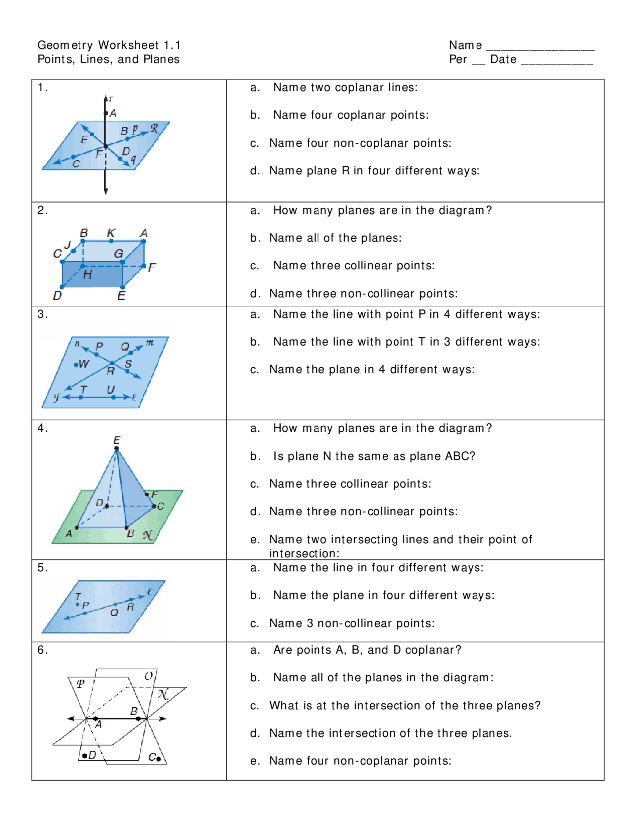 Points, Lines, and Planes Per __ Date | Study notes Geometry | Docsity