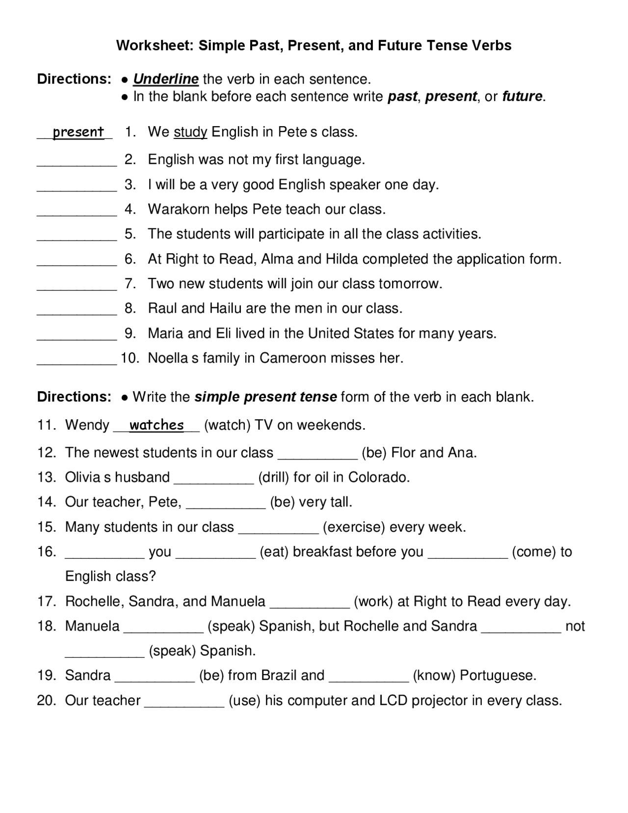 Worksheet Simple Past, Present, and Future Tense Verbs Schemes and
