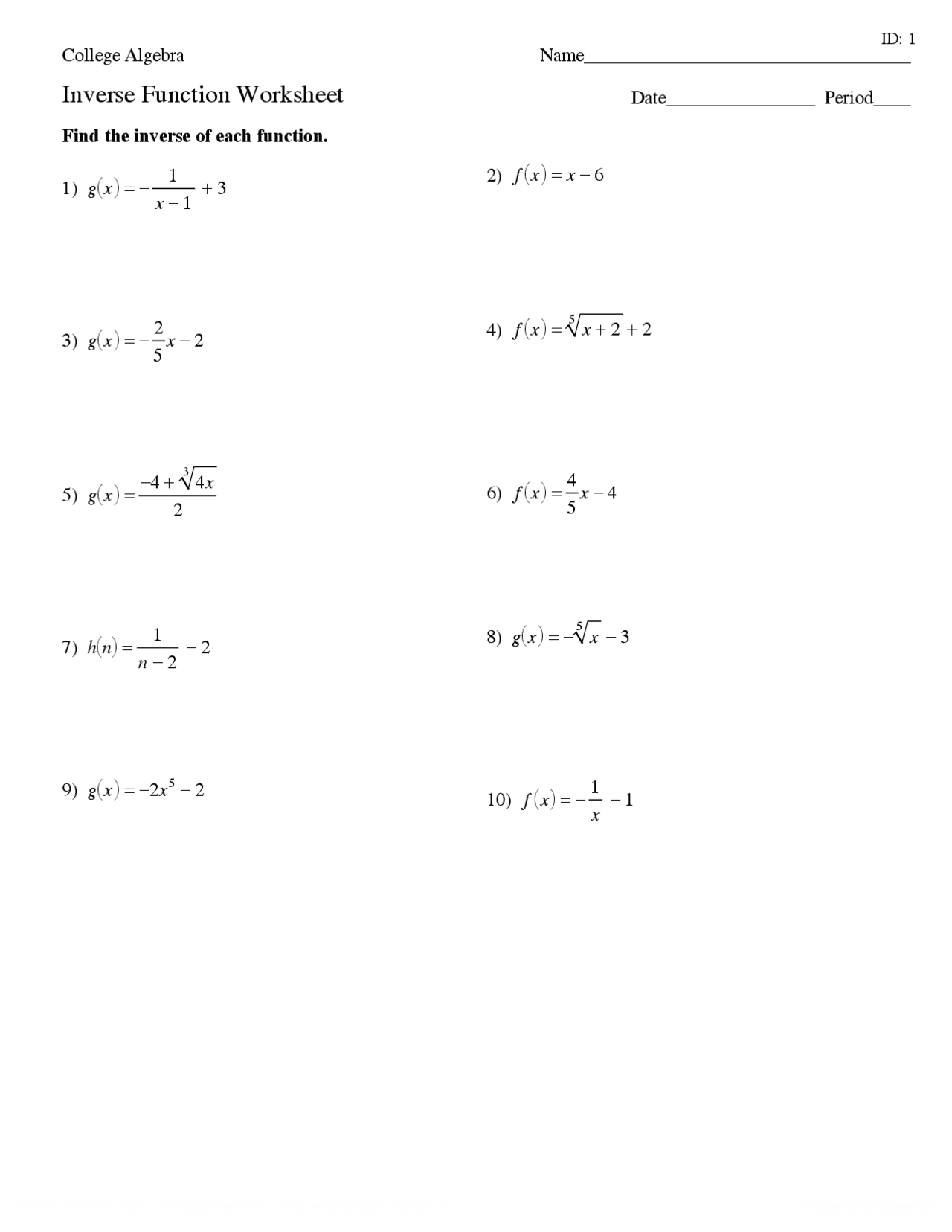 Inverse Function Worksheet | Study Guides, Projects, Research Algebra ...