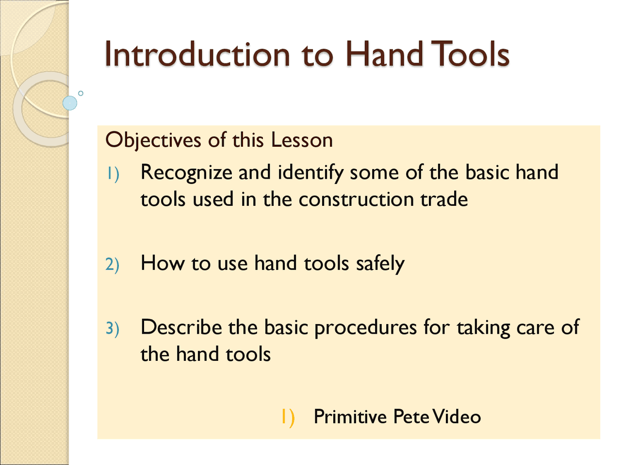 Introduction to Hand Tools | Exams Construction | Docsity