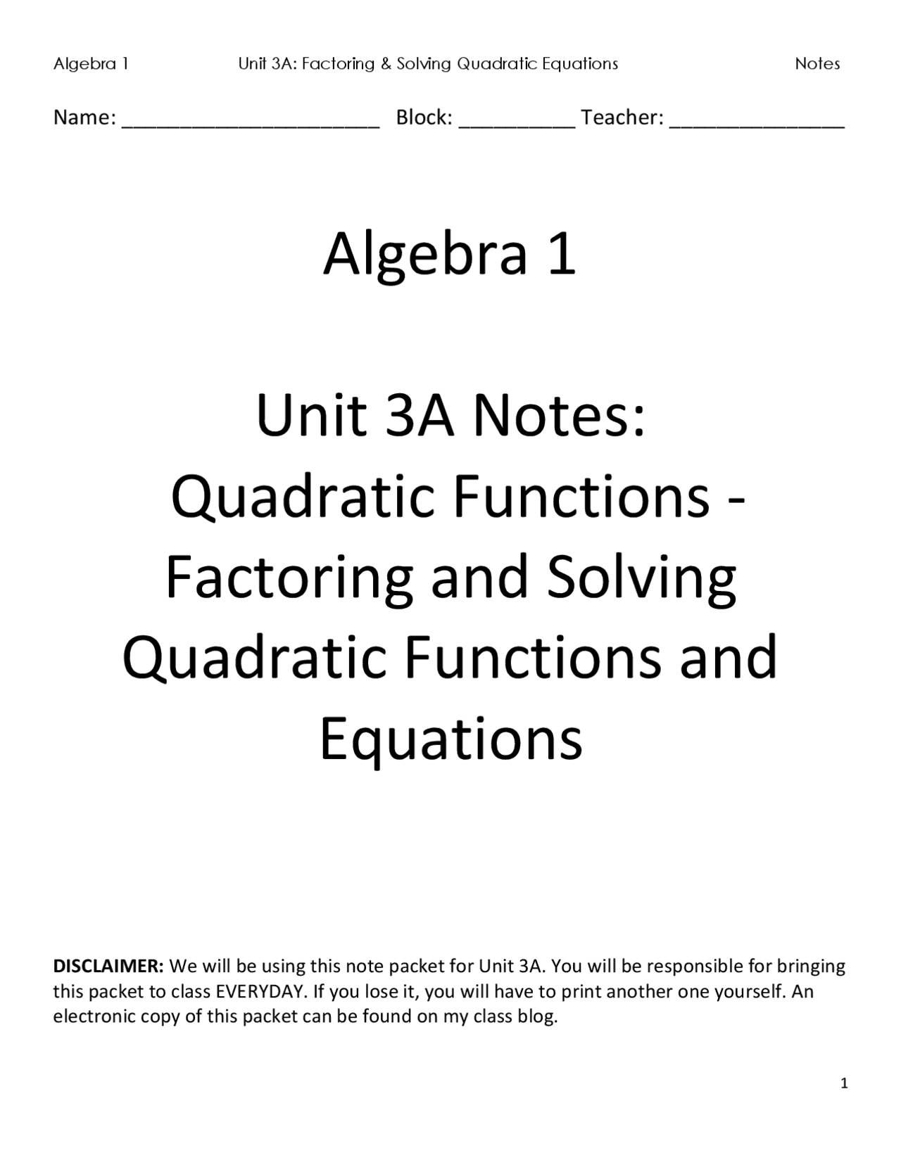 Algebra 1 Unit 3A Notes: Quadratic Functions | Exercises Algebra | Docsity