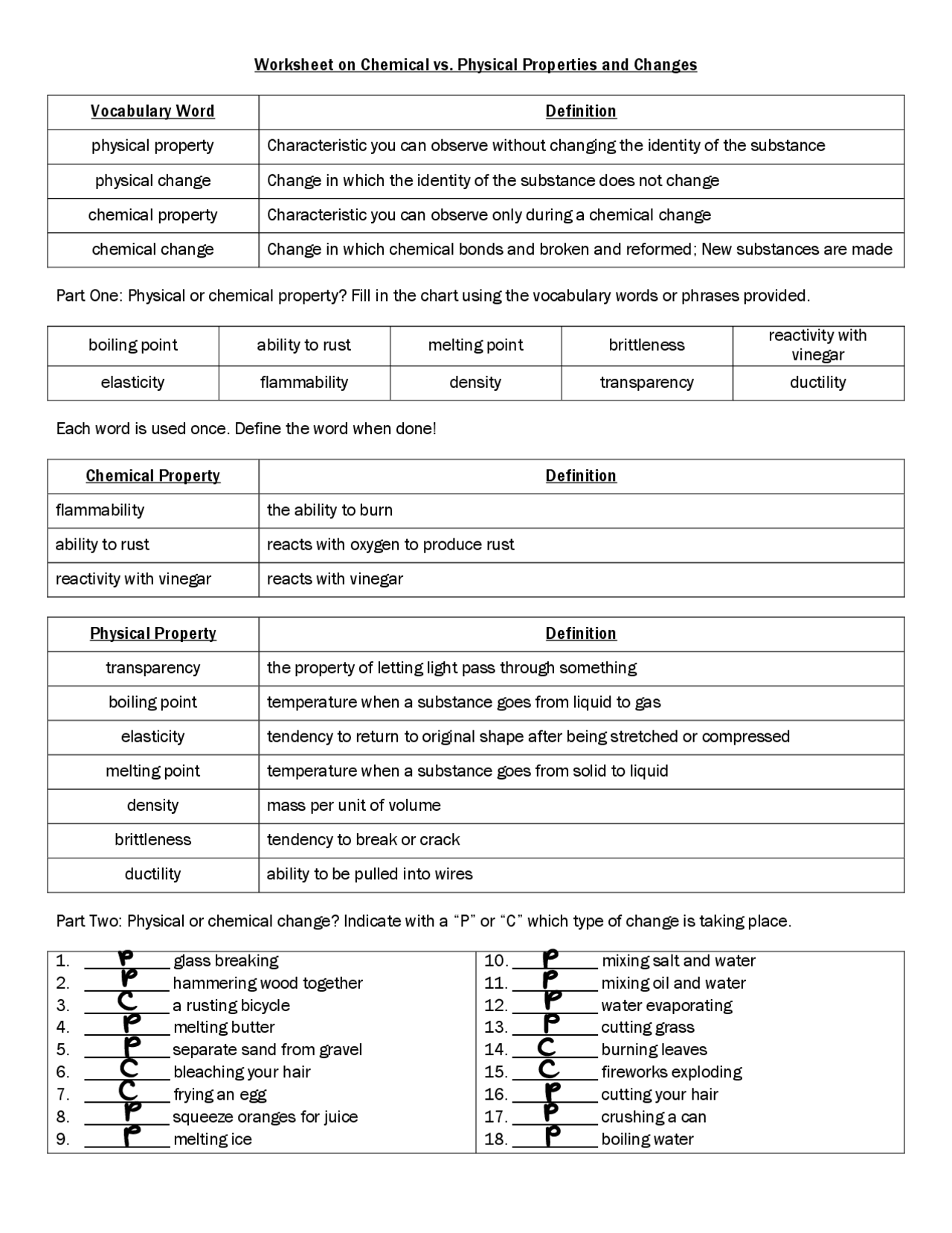 Worksheet on Chemical vs. Physical Properties and Changes | Study notes Physical  Chemistry | Docsity