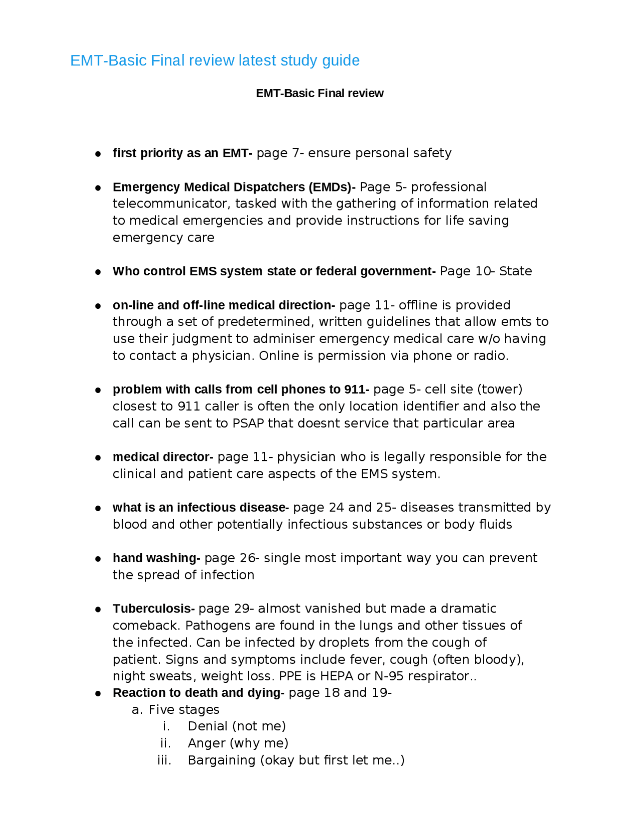 EMT-Basic Final Review Study Guide | Exams Nursing | Docsity