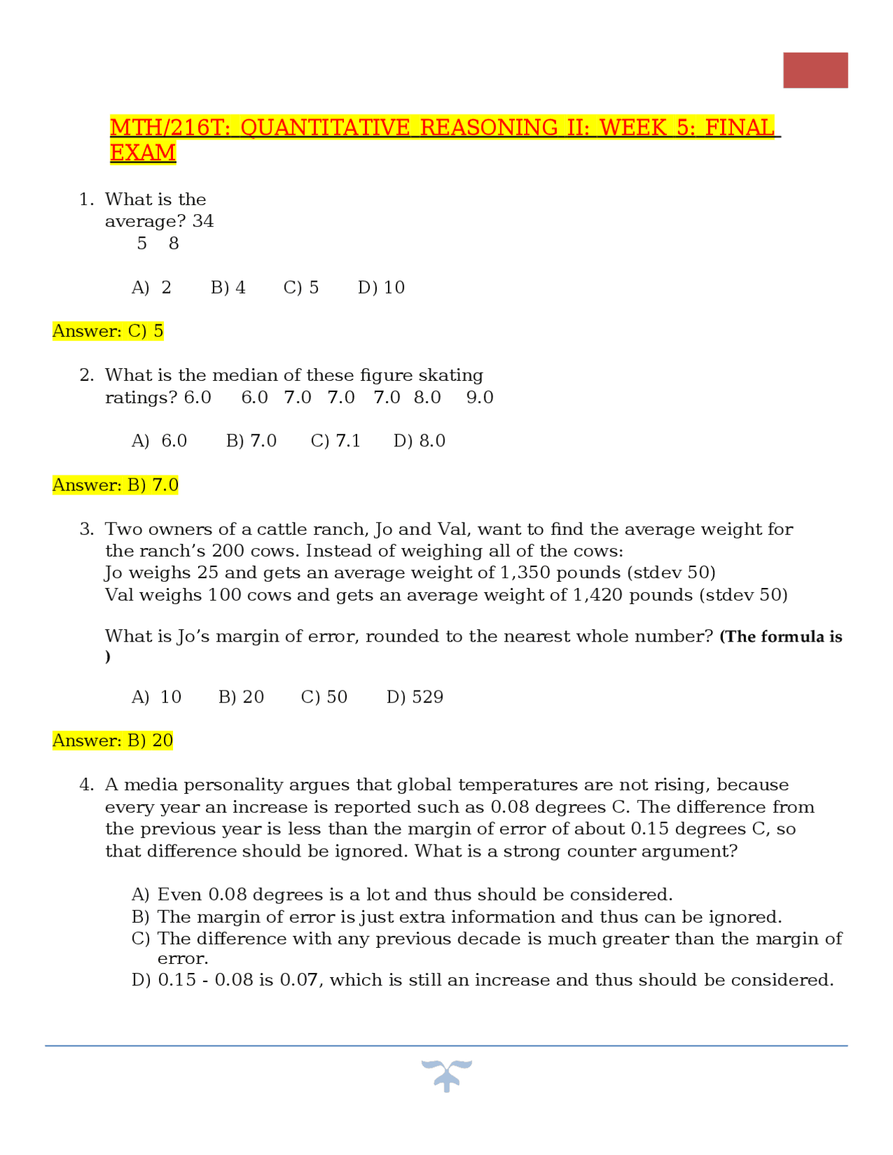 MTH/216T: QUANTITATIVE REASONING II: WEEK 5: FINAL EXAM | Exams ...