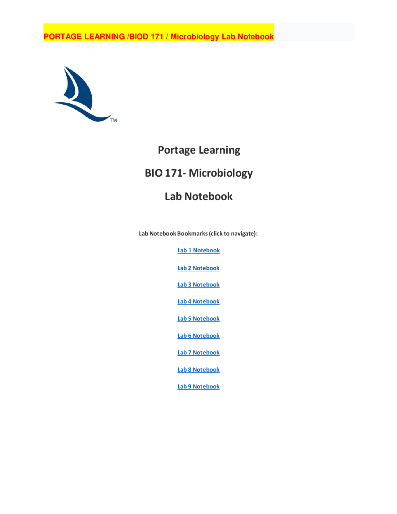 PORTAGE LEARNING /BIOD 171 / Microbiology Lab Notebook Updated 2022