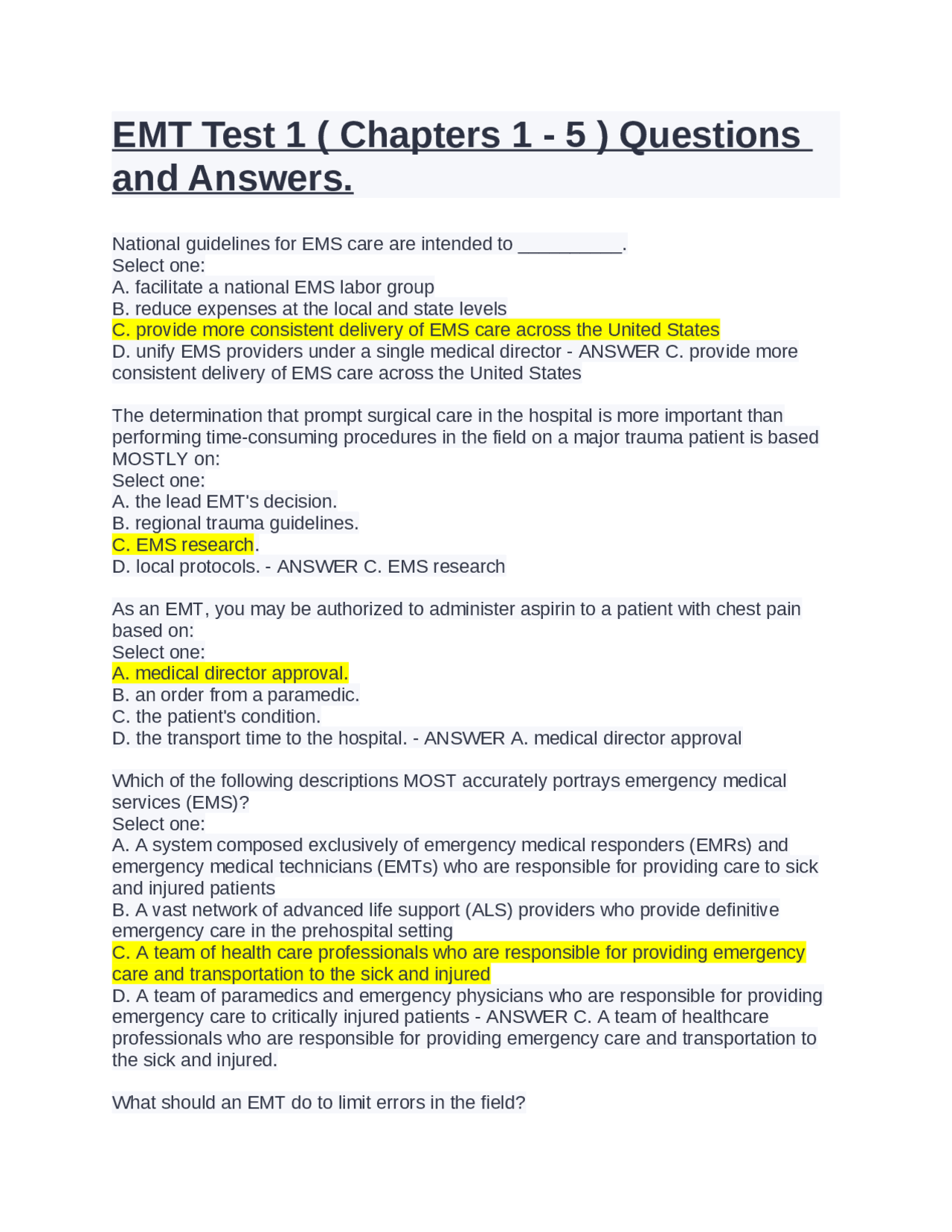 EMT Test 1 ( Chapters 1 5 ) Questions and Answers. Exams Nursing