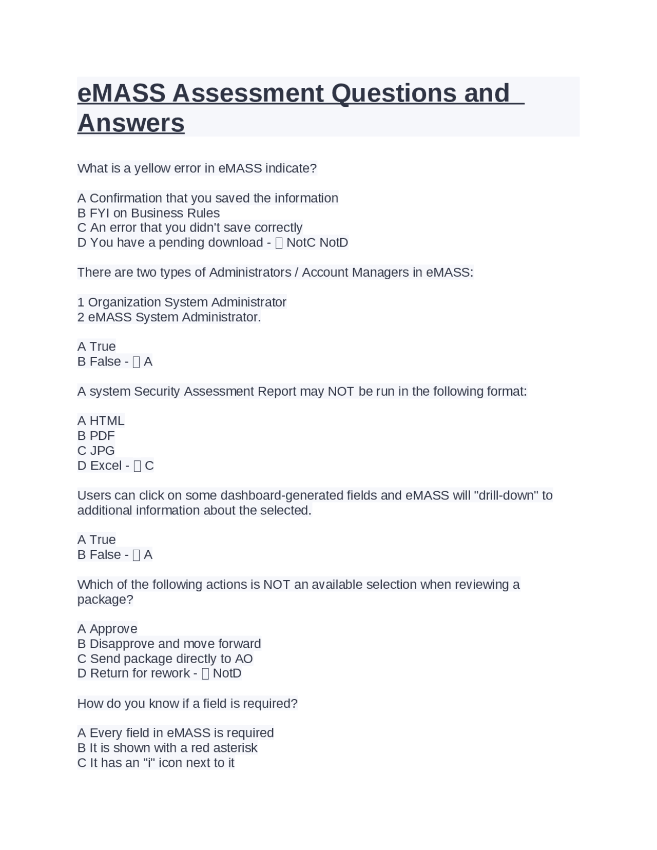 EMASS Assessment Questions and Answers. | Exams Nursing | Docsity