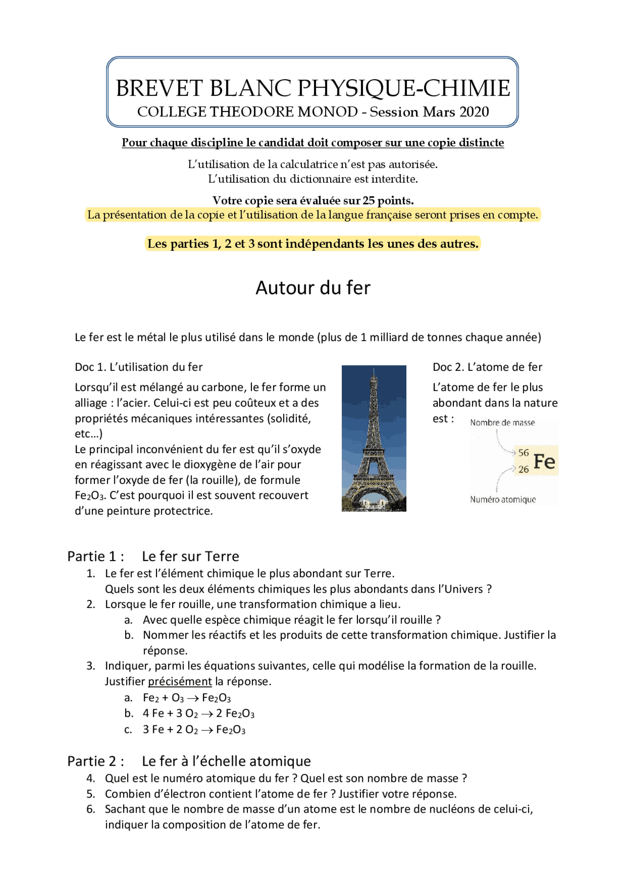 BREVET BLANC PHYSIQUECHIMIE Slides Physique Docsity