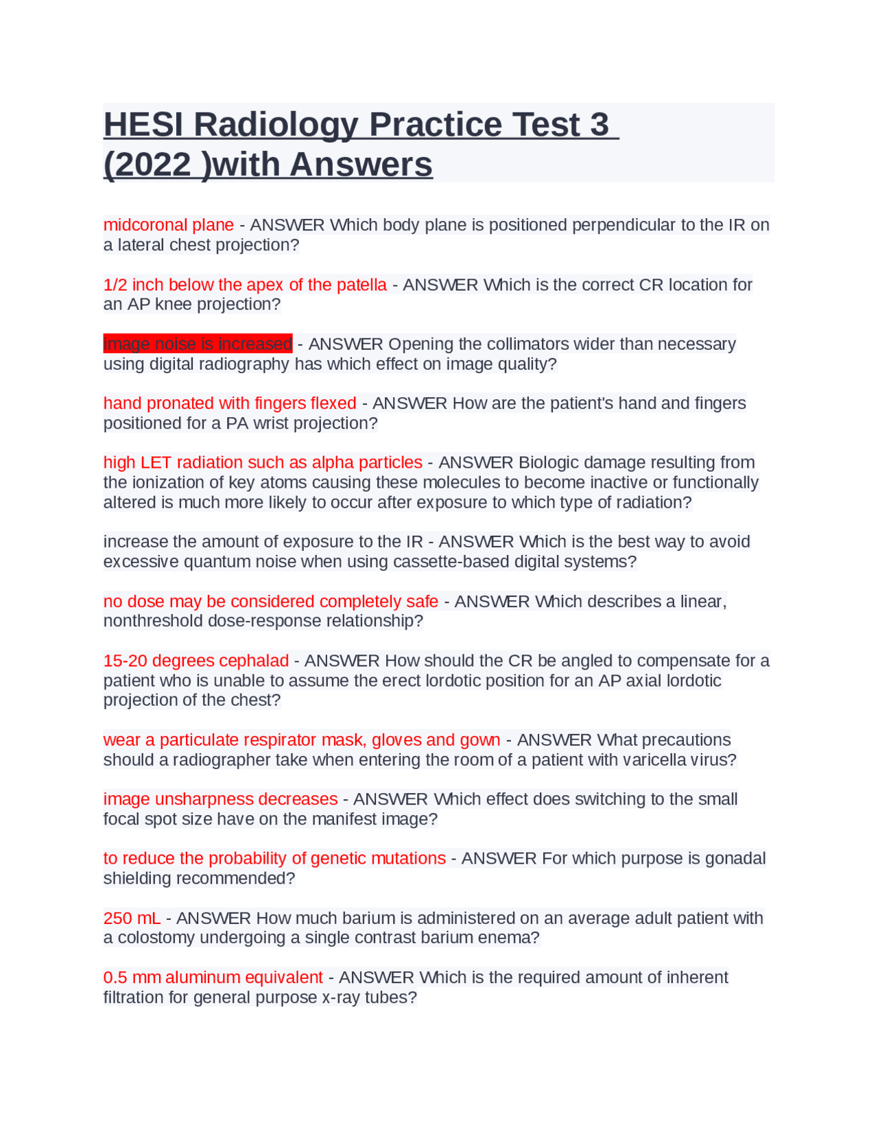 HESI Radiology Practice Test 3 (2022 )with Answers Exams Nursing