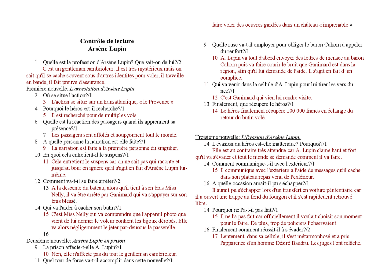 Contrôle de lecture Arsène Lupin | Notes Littérature | Docsity