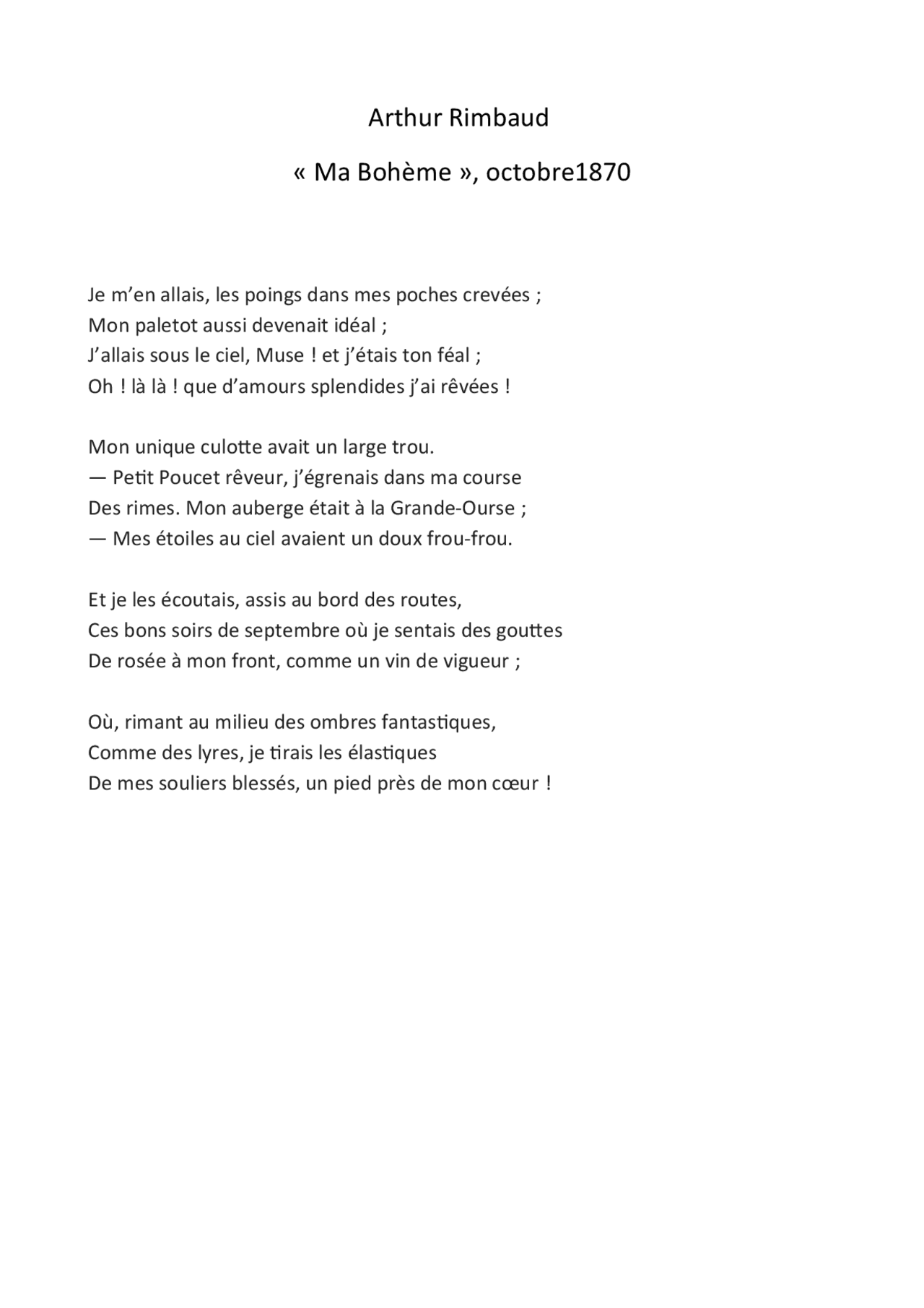 Arthur Rimbaud « Ma Bohème », octobre1870 | Lectures Poétique | Docsity