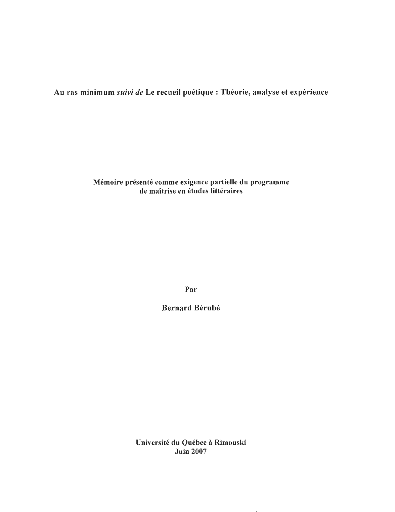 Au ras minimum suivi de Le recueil poétique Théorie, analyse