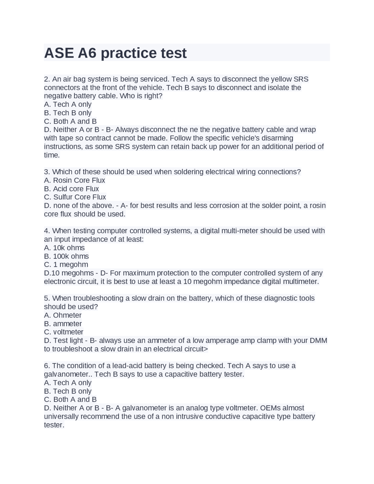 ASE A6 practice test.Question and Answers | Exams Nursing | Docsity
