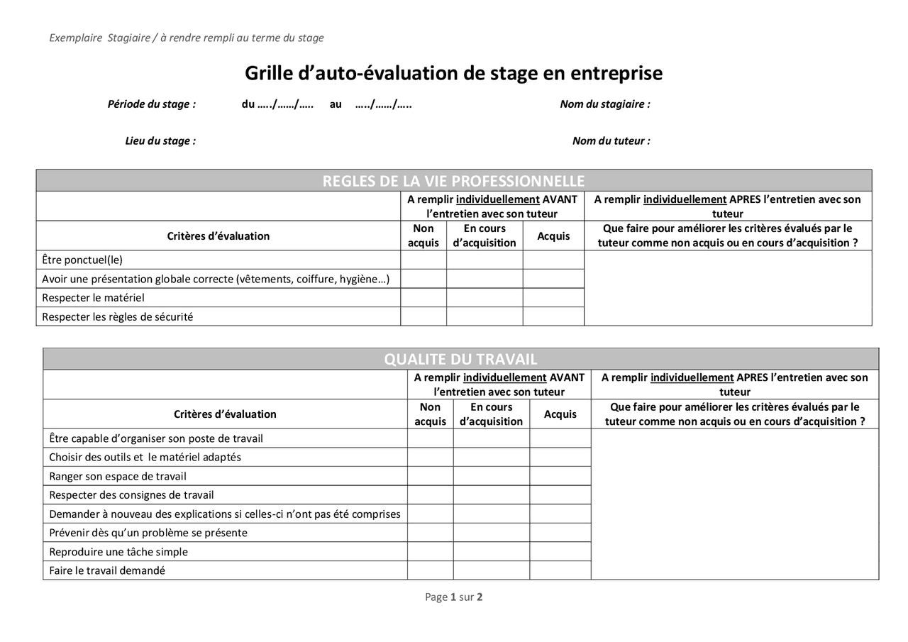 Grille d'auto-évaluation de stage en entreprise | Guide, Projets