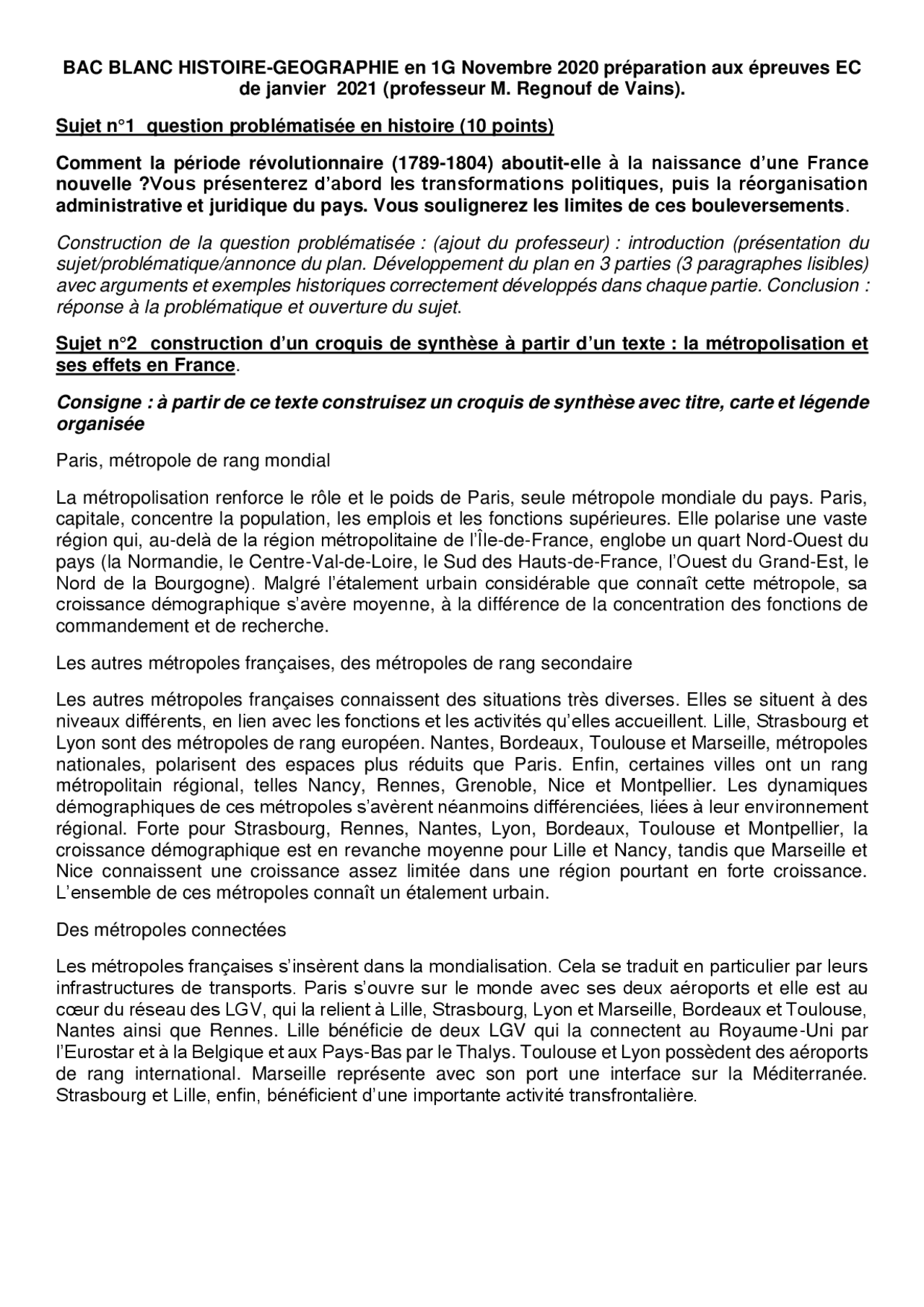 La Métropolisation Et Ses Effets En France Question Problématisée Bac-blanc-1-1-g.pdf | Lectures Histoire | Docsity