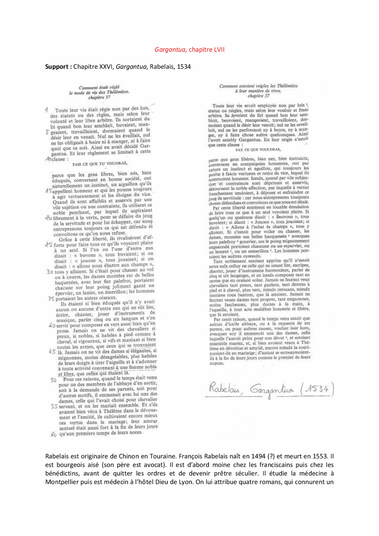 Resume Chapitre Par Chapitre Gargantua Gargantua, chapitre LVII | Notes Médecine | Docsity