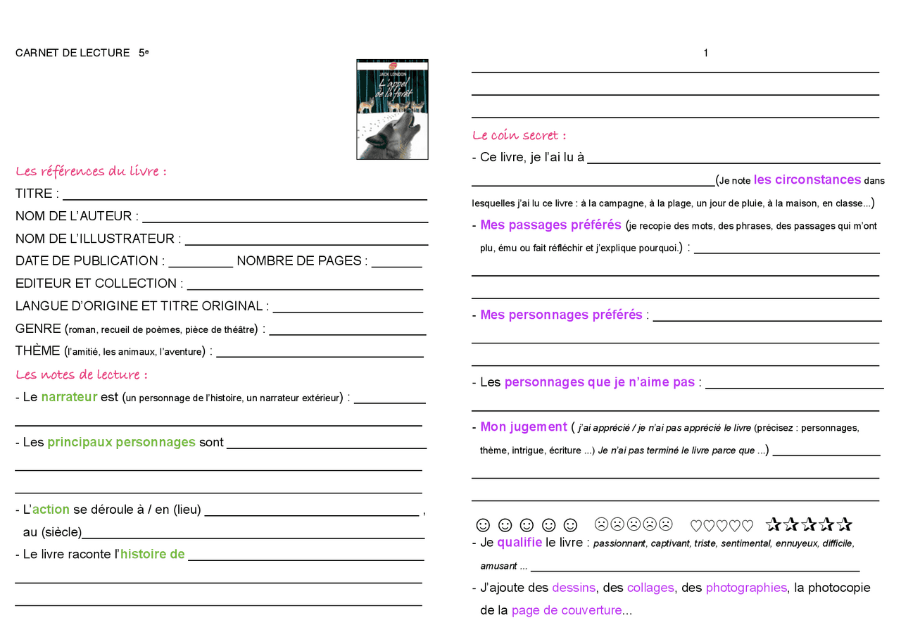 LECTURE_5e_Carnet_de_lecture-2.pdf | Lectures Histoire | Docsity