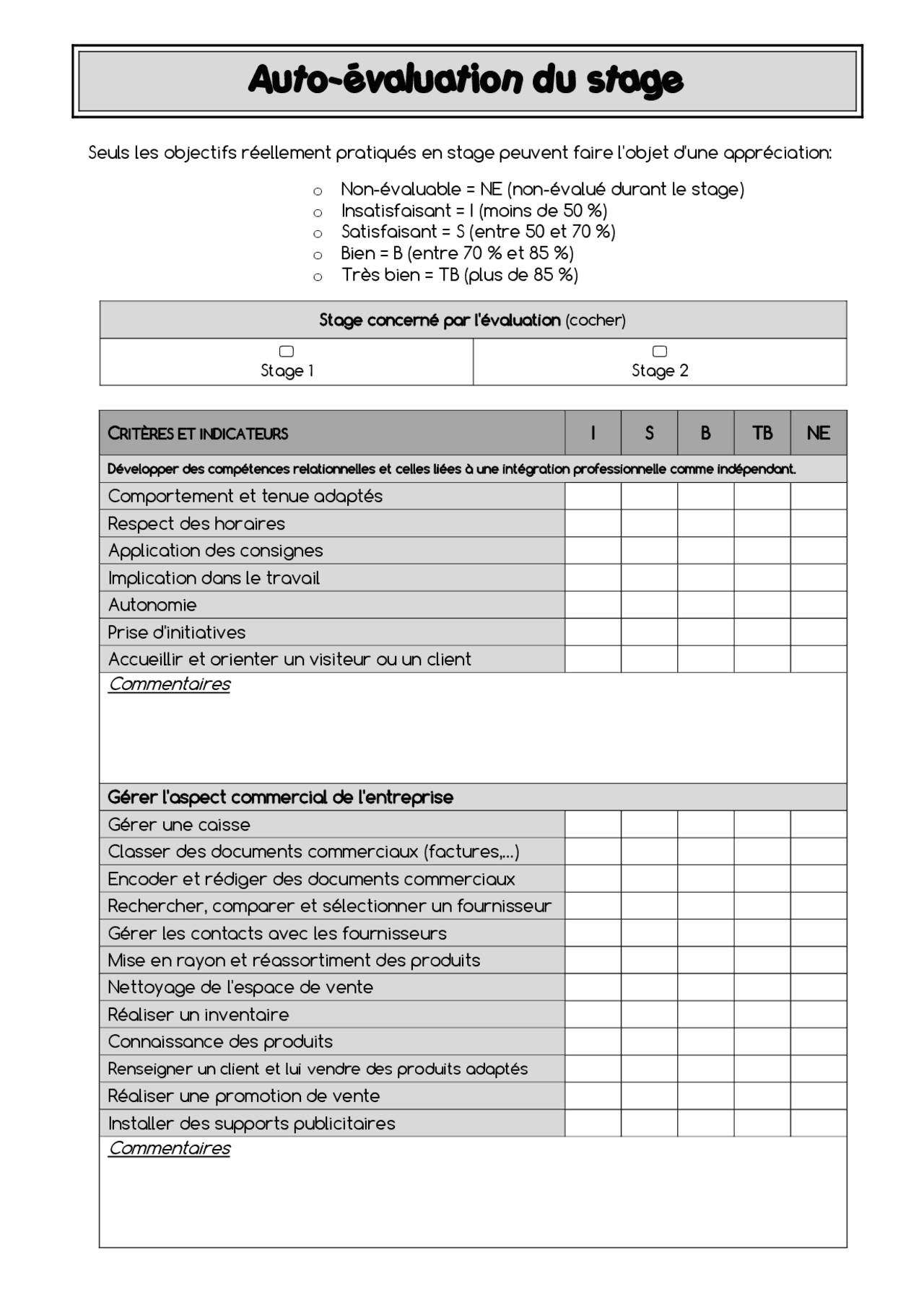 Auto-évaluation du stage | Notes Orientation professionnelle | Docsity