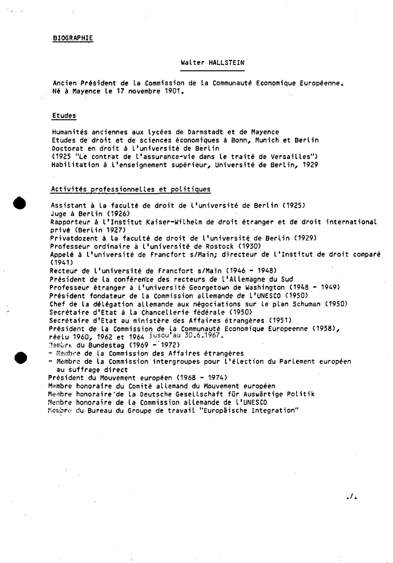 BIOGRAPHIE Walter HALLSTEIN Ancien Président de la Lectures