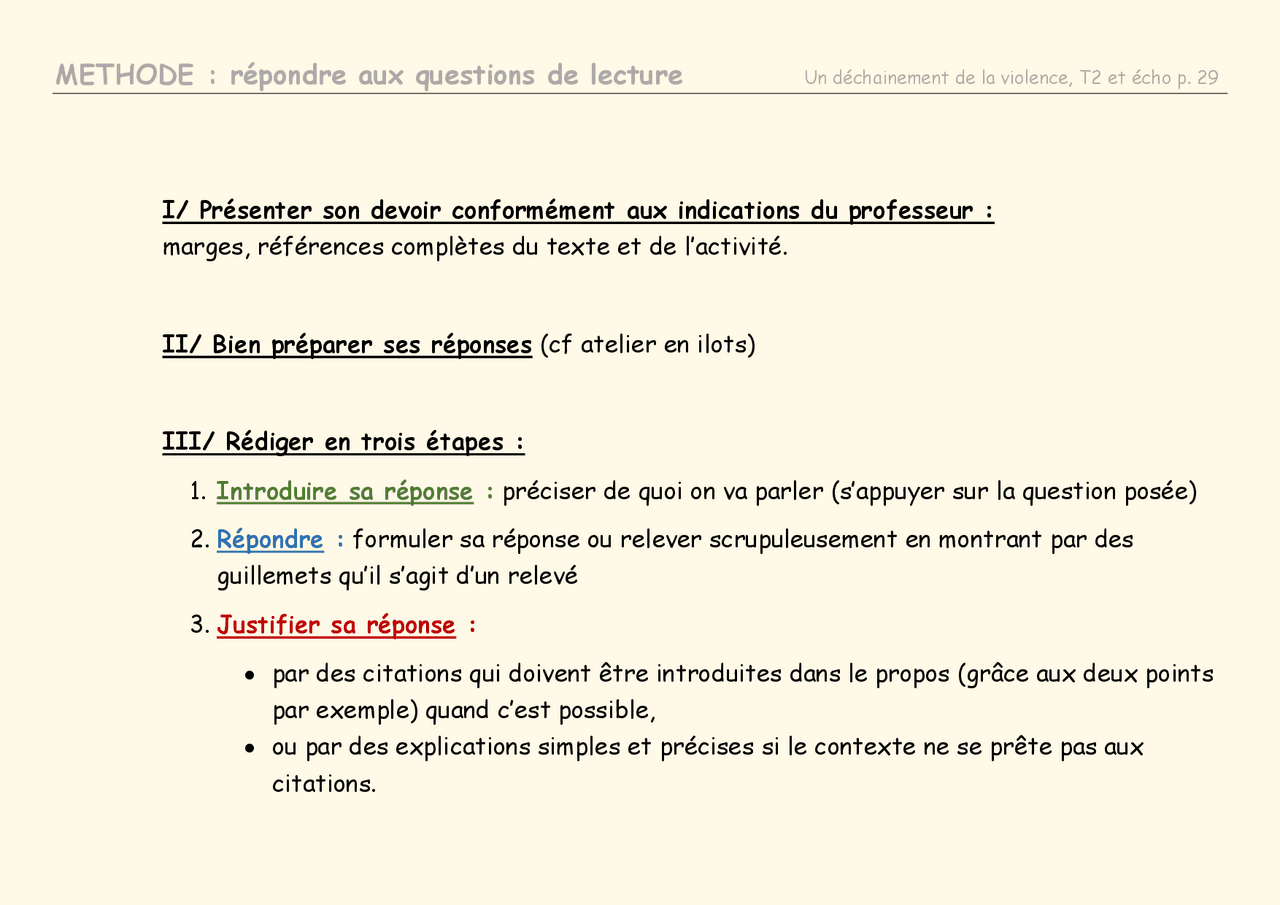 METHODE : répondre aux questions de lecture | Notes Littérature | Docsity