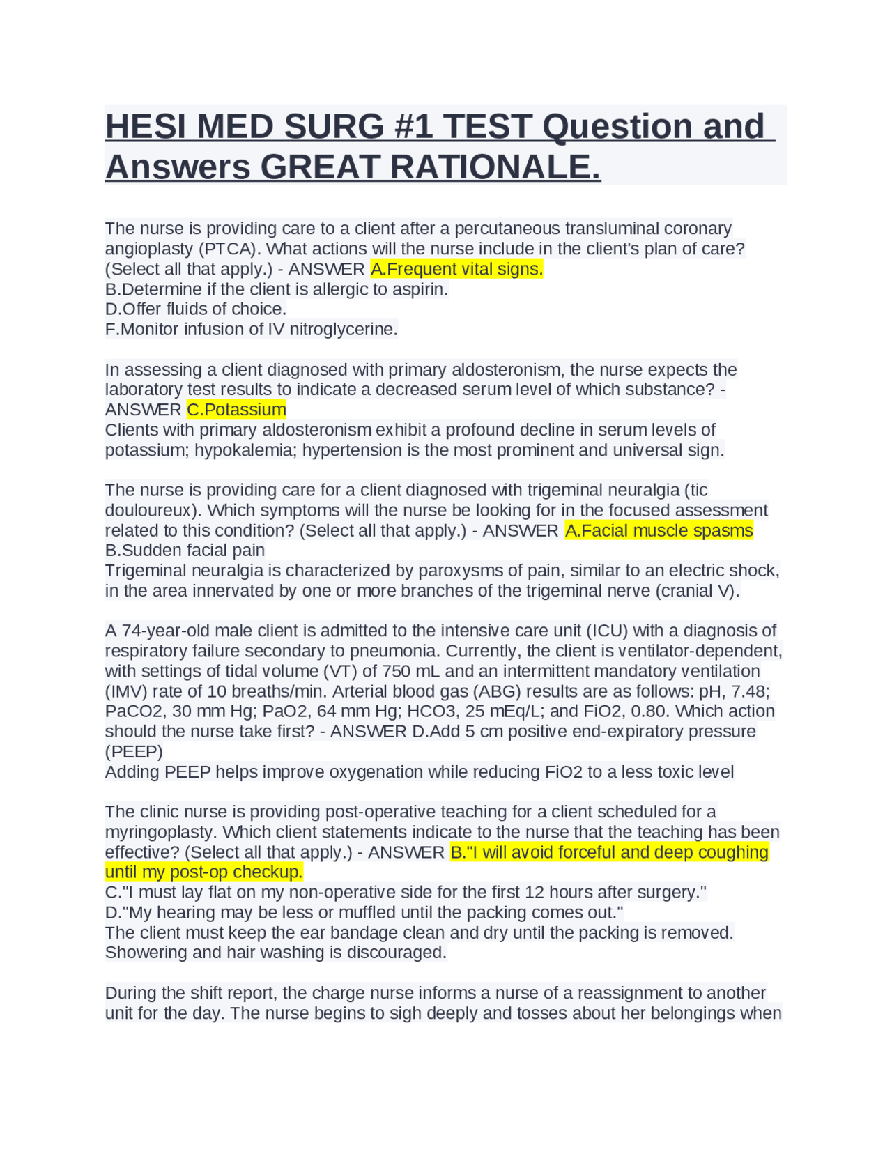 Great Rationale HESI MED SURG #1 TEST Question and Answers GREAT RATIONALE. | Exams ...