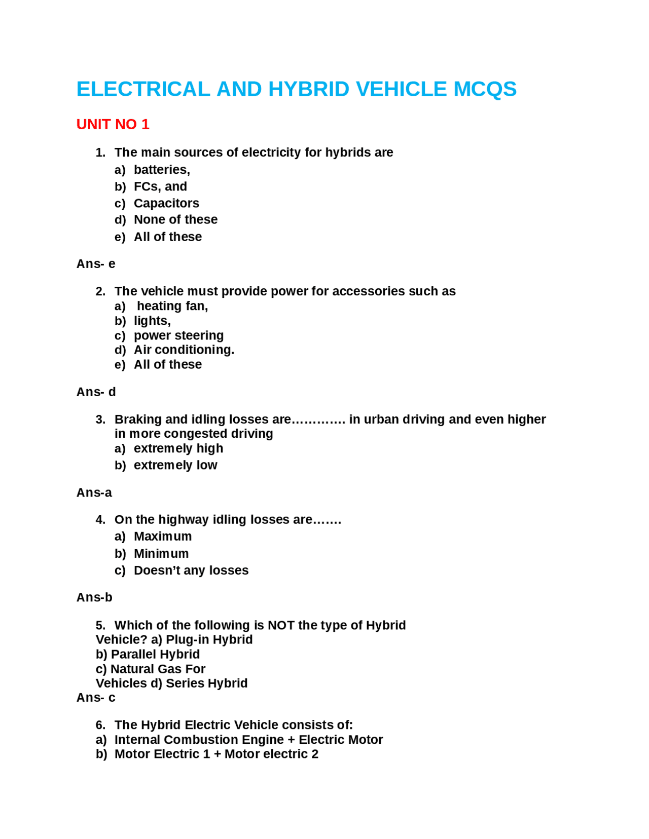 Vehicle Questions Electrical And Hybrid Vehivles Mcqs | Quizzes Mechanical Engineering ...