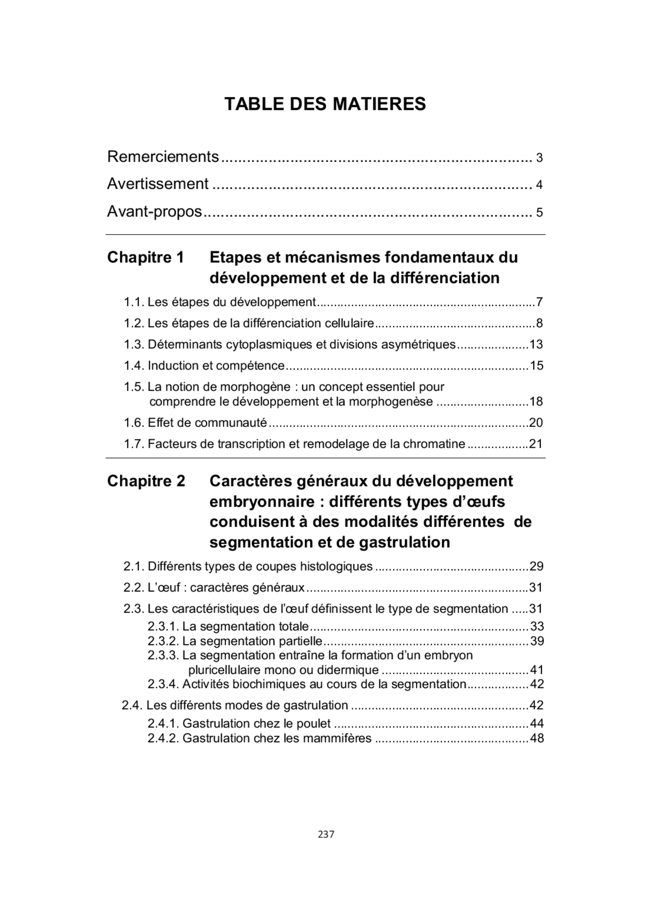 TABLE DES MATIERES | Exercices Sciences Biologiques - Docsity