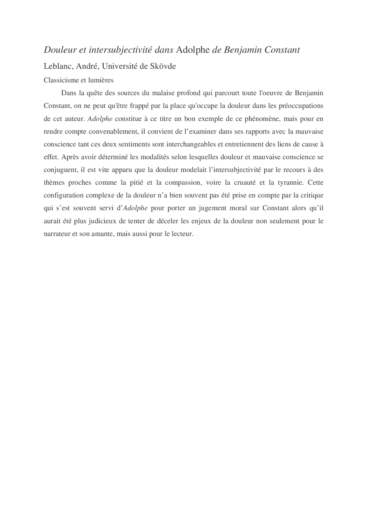 Contant Lecture Douleur et intersubjectivité dans Adolphe de Benjamin Constant ...