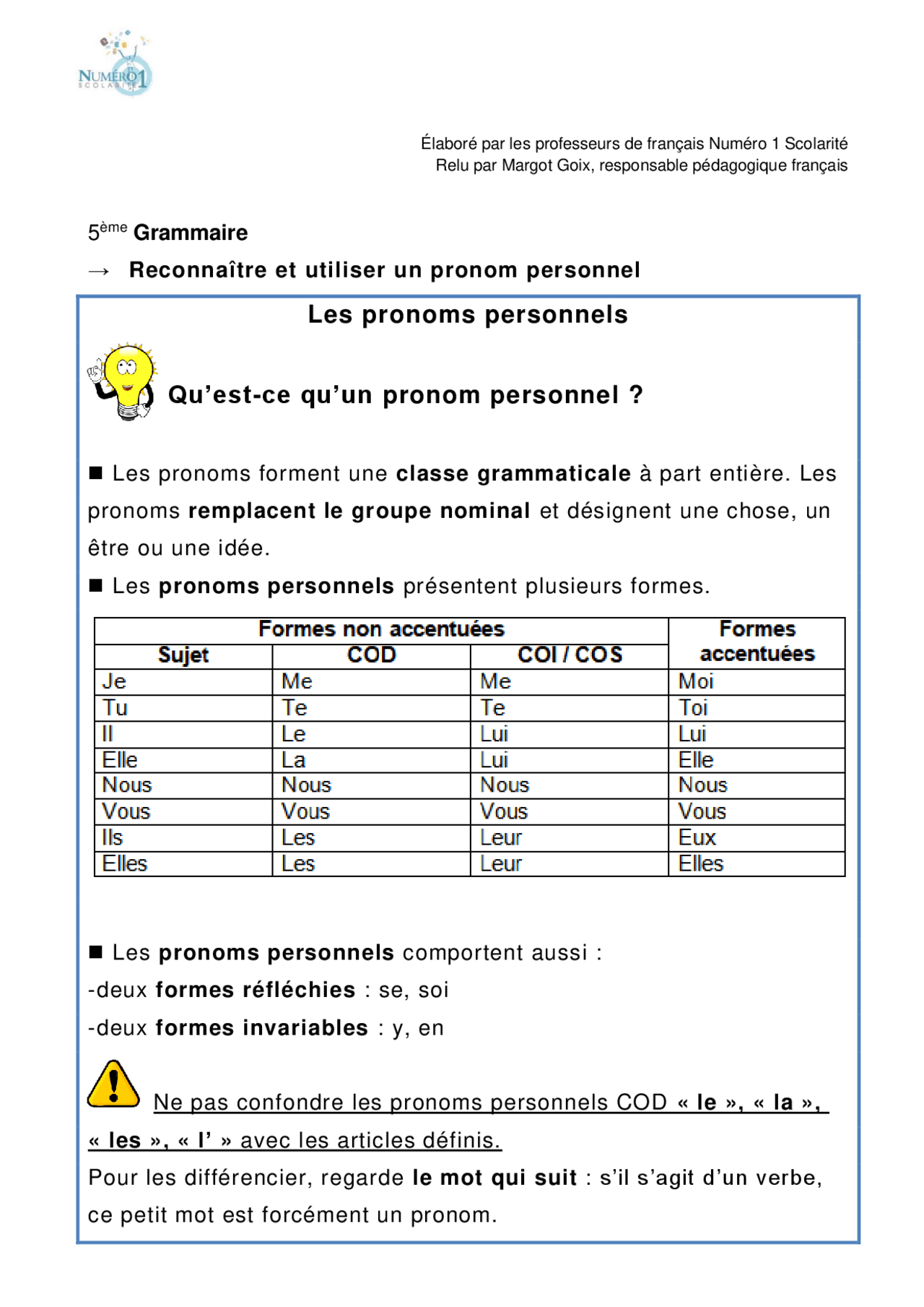 Les pronoms personnels Qu'estce qu'un pronom personnel ? Examens
