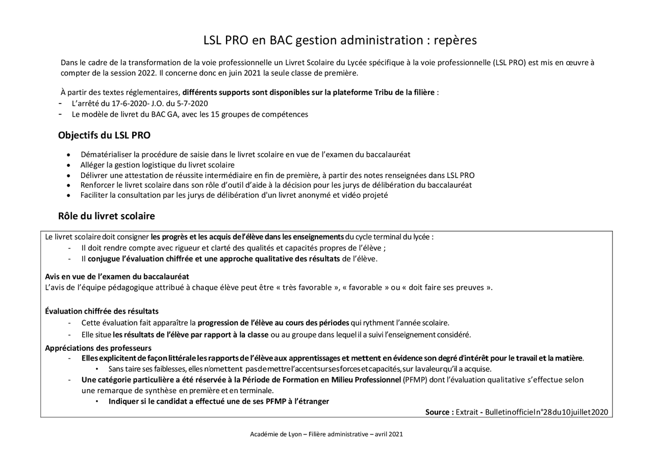 LSL PRO en BAC gestion administration : repères | Notes Calcul | Docsity