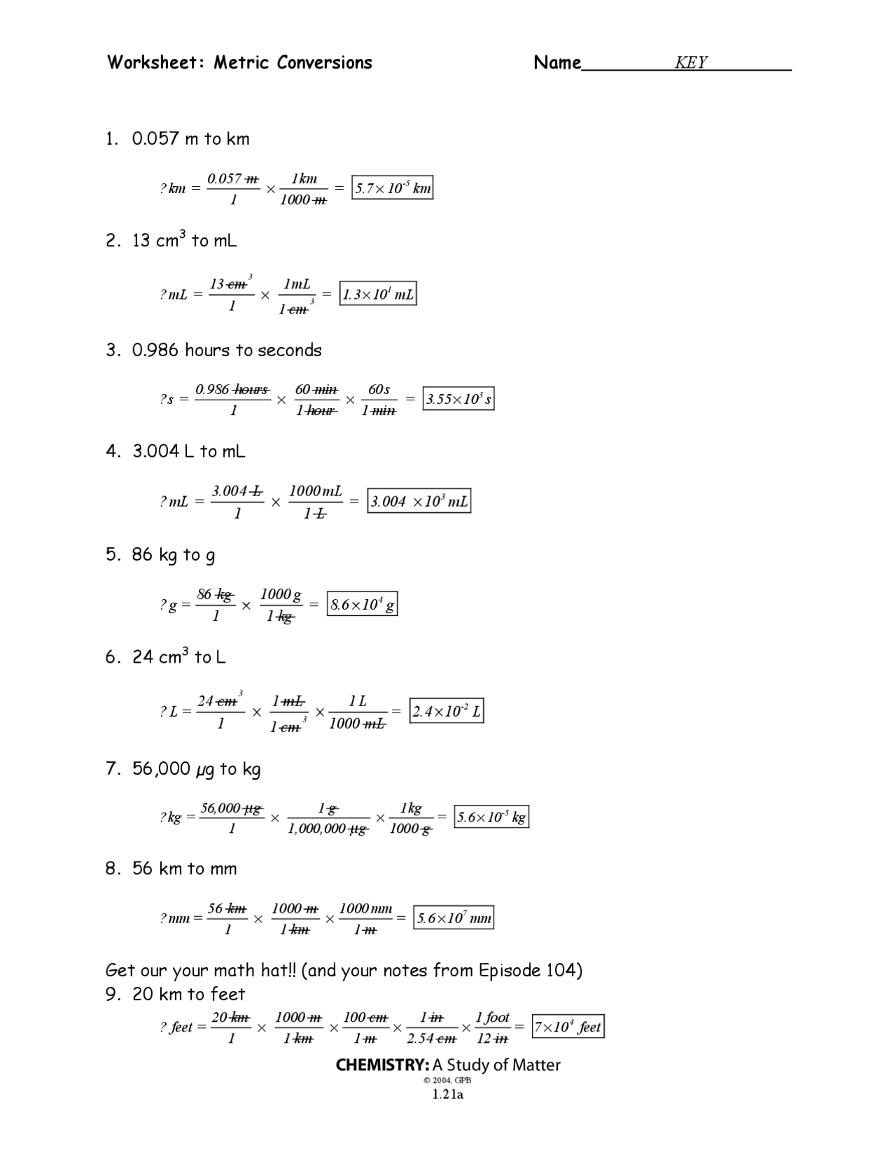 Worksheet: Metric Conversions Name___________________  | Study notes  Chemistry | Docsity