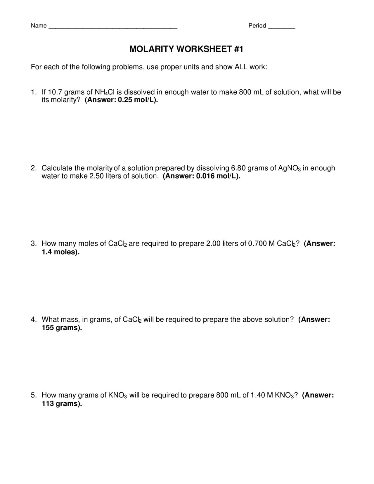MOLARITY WORKSHEET #1 | Exams Chemistry | Docsity