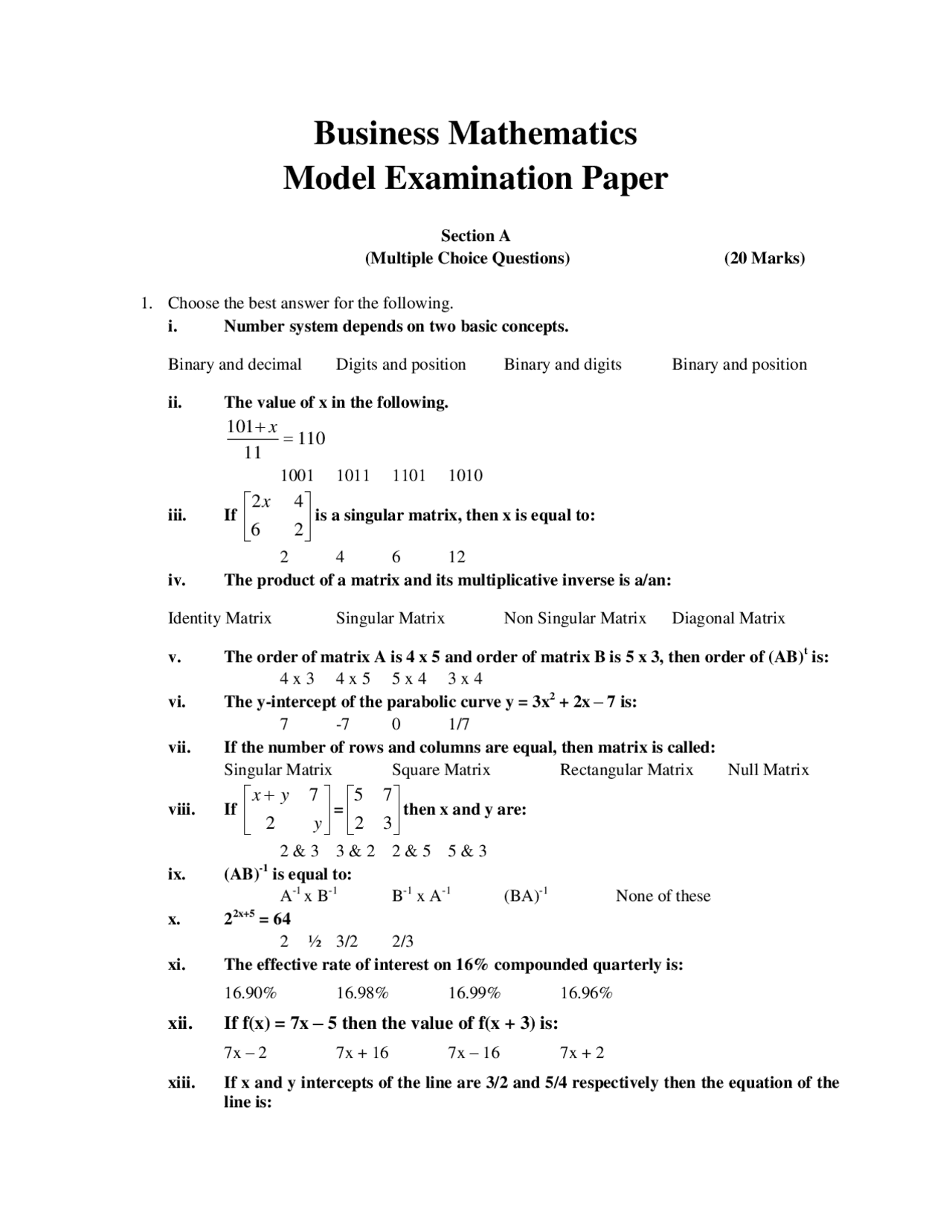 Business Mathematics Model Examination Paper | Lecture notes Business ...