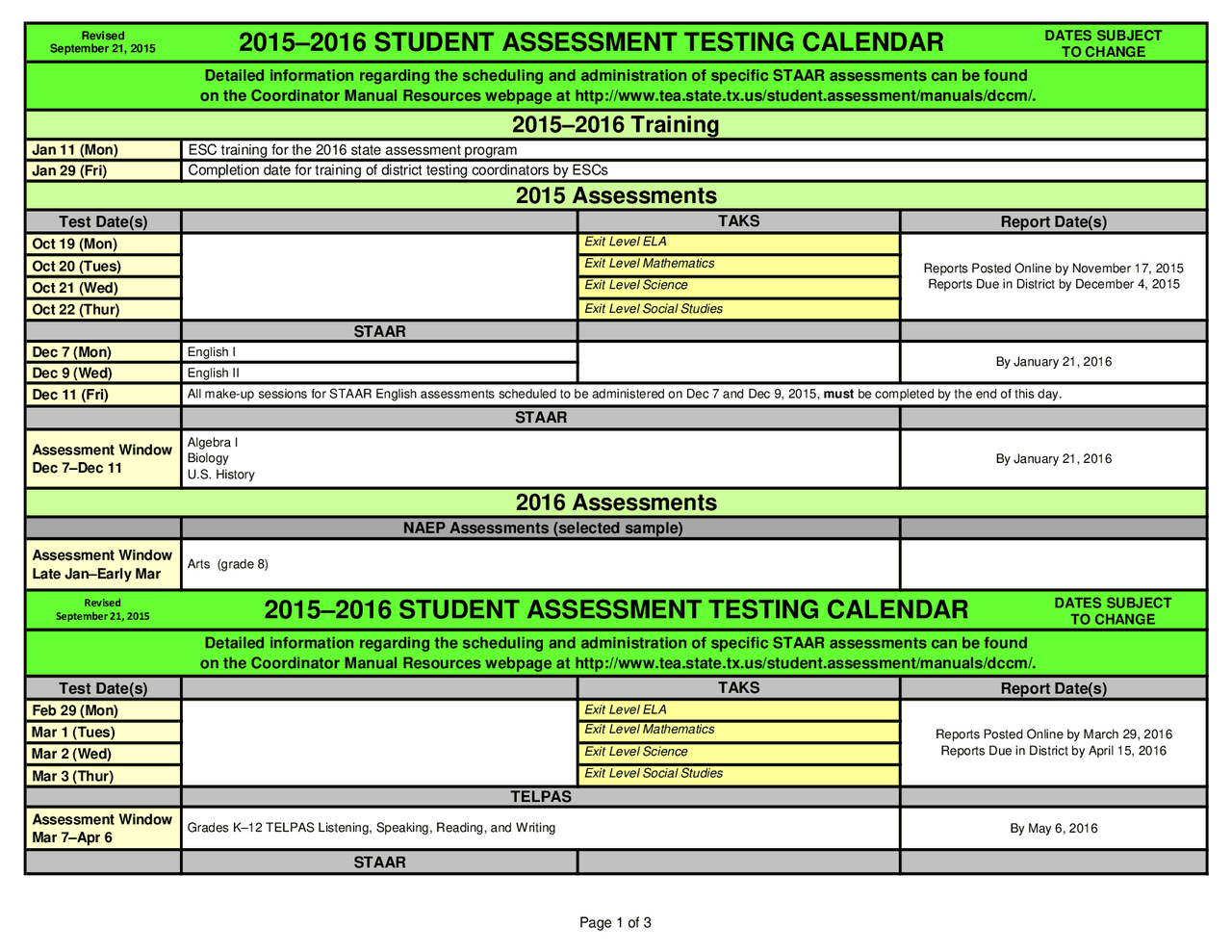2015-2016 Student Assessment Testing Calendar | Study notes Algebra ...