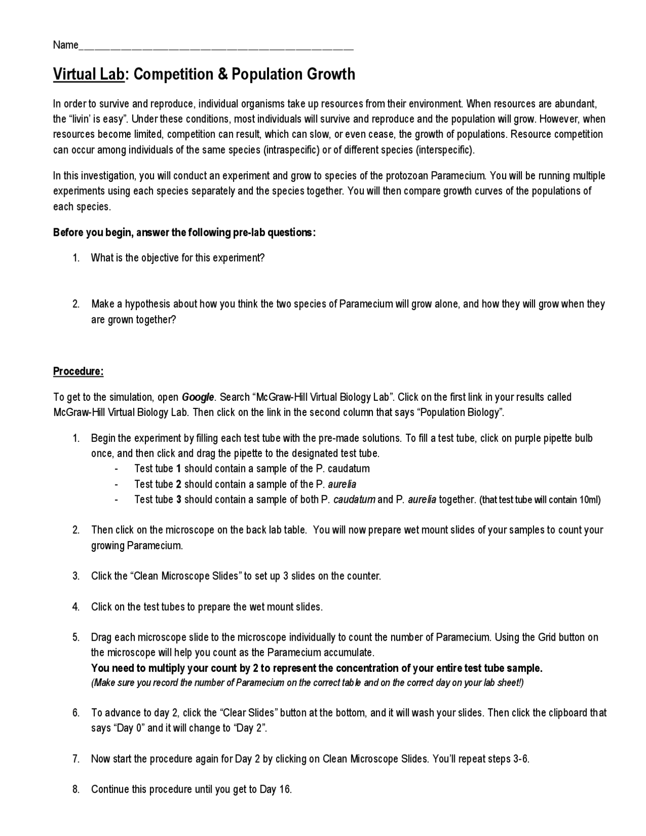 Virtual Lab: Competition & Population Growth | Lecture notes Biology ...