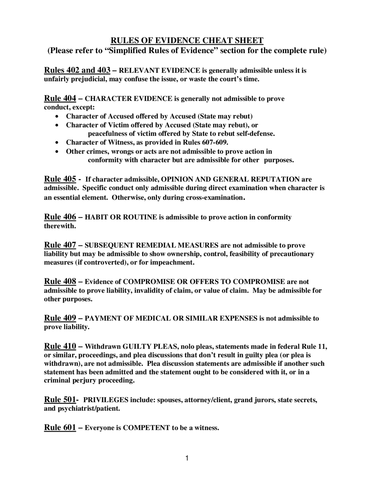Rules of Evidence Cheat Sheet Study notes Law of Evidence Docsity
