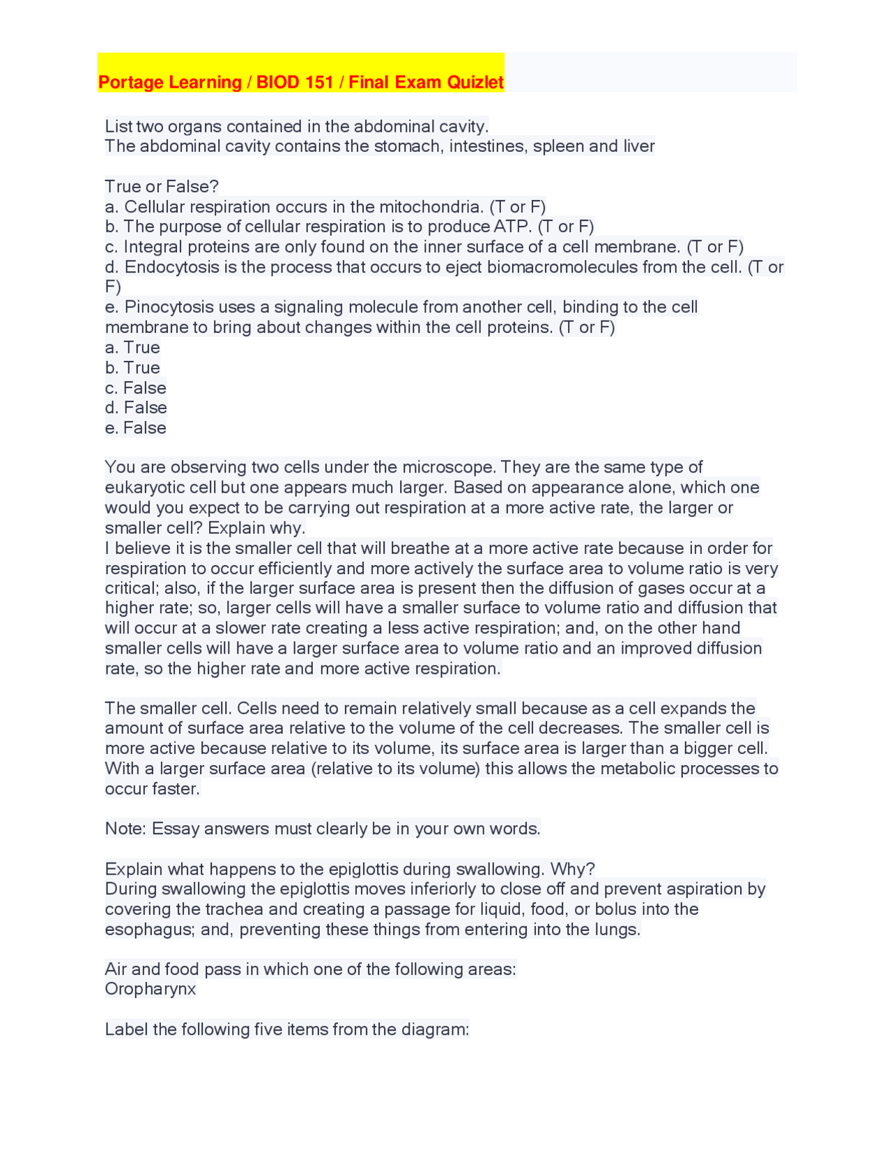 Portage Learning / BIOD 151 / Final Exam Quizlet (NEW) Graded A Plus ...