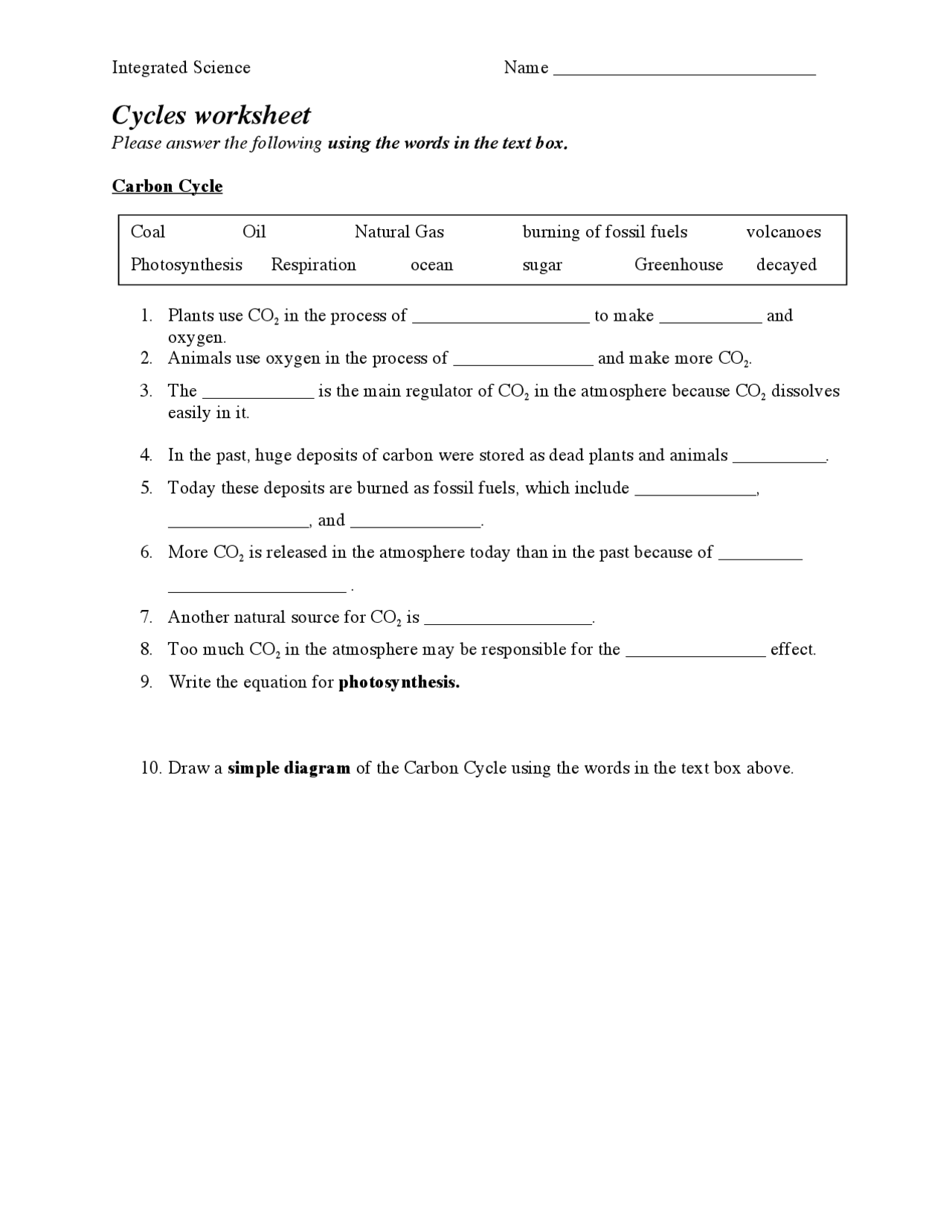 Cycles worksheet | Lecture notes Fossil Fuels | Docsity