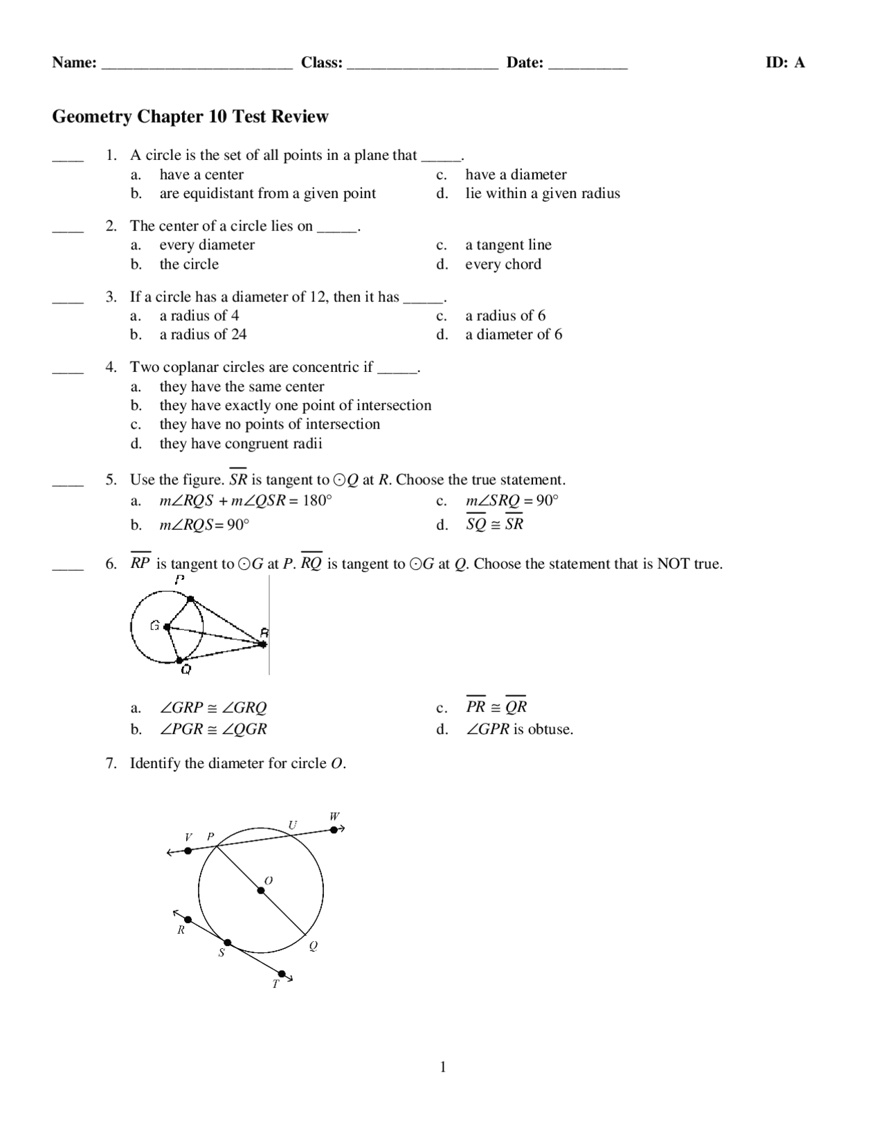 Geometry Chapter 10 Test Review Circles Study Notes Geometry Docsity