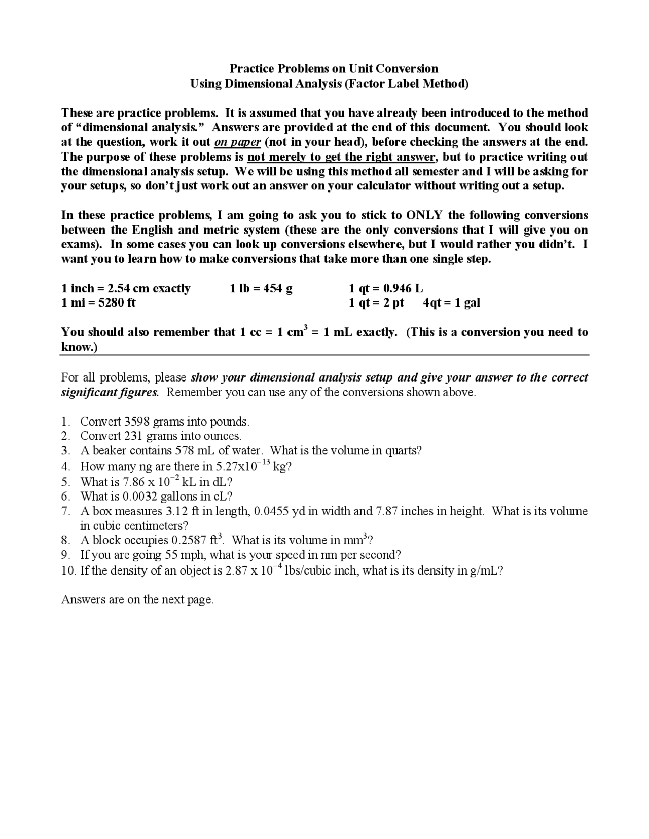 Practice Problems on Unit Conversion | Lecture notes Dimensional ...