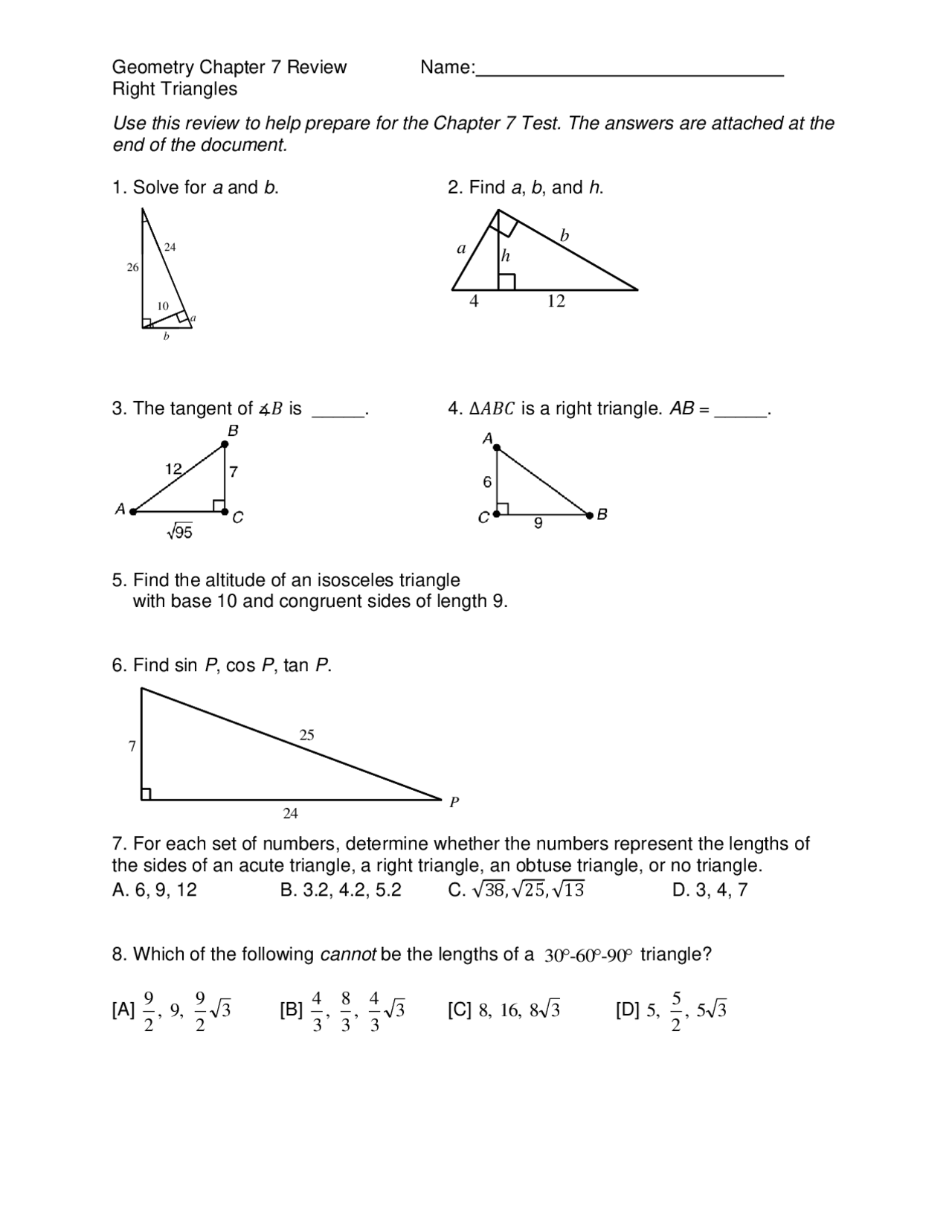 Geometry Chapter 7 Review Name: Right Triangles Use this ... | Study ...