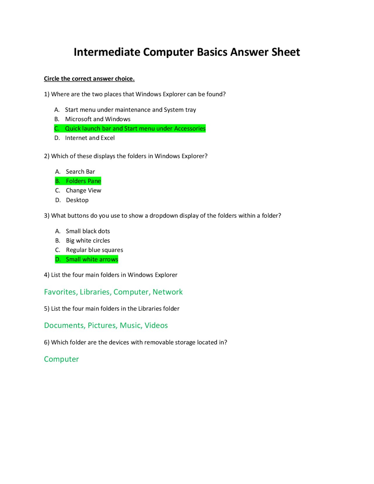 Intermediate Computer Basics Answer Sheet | Lecture notes Music | Docsity