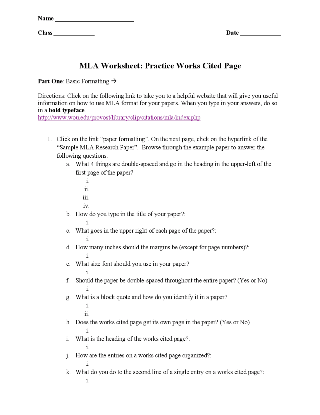 MLA Worksheet: Practice Works Cited Page | Exams English - Docsity
