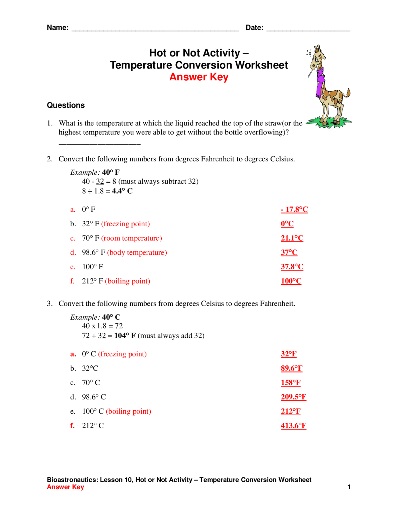 Hot or Not Activity Temperature Conversion Worksheet Exercises
